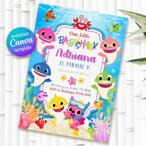 Invitación de cumpleaños de tiburón bebé imprimible editable, invitación de cumpleaños de niño niña, invitación de cumpleaños para niños, invitación de fiesta de tiburón bebé