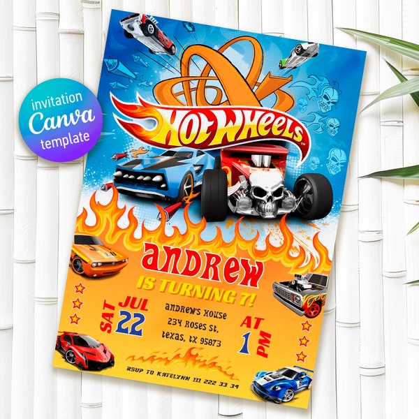 Cars birthday invitation, hot racing invite, wheels invitation, boy birthday party invitation template, printable editable evite