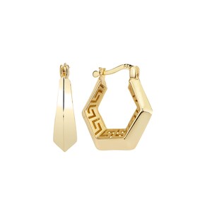 Hexagon Greek Key Gold Hoop Earrings 3.90g Solid Gold Modern Statement Jewelry
