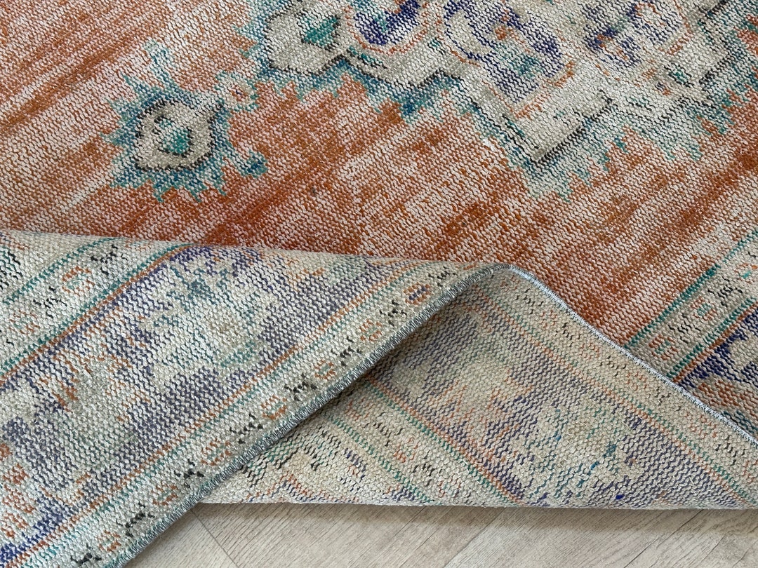 4x8 Inch Rug 4x8 Orange Blue Beige Green Oushak Runner, 4x8 Turkish Runner, Vintage ...