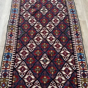 4x7 White Red Blue Turkish Rug,4x7 Natural Vintage Rug,Oushak Living Room Bedroom Kitchen Kids Entryway Wool Area Rug,Home Decor,3.7x7.0 Ft zdjęcie 7