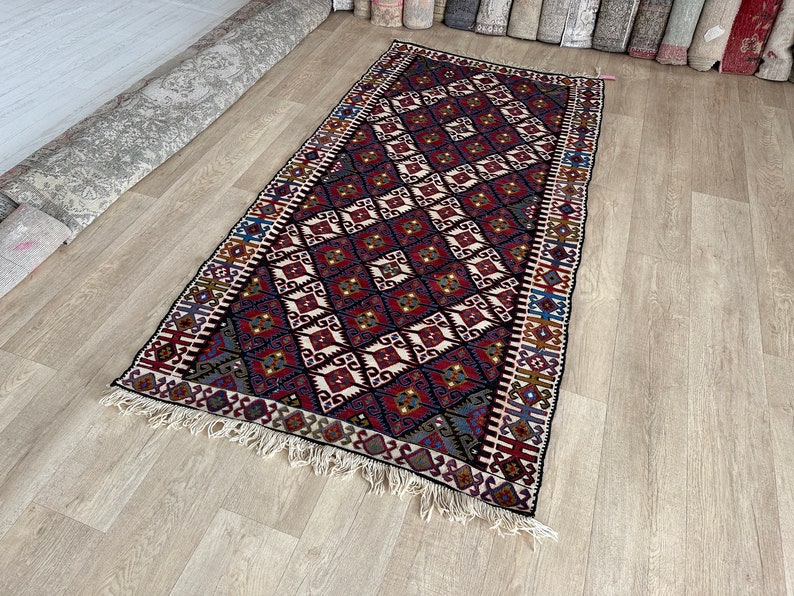 4x7 White Red Blue Turkish Rug,4x7 Natural Vintage Rug,Oushak Living Room Bedroom Kitchen Kids Entryway Wool Area Rug,Home Decor,3.7x7.0 Ft zdjęcie 3