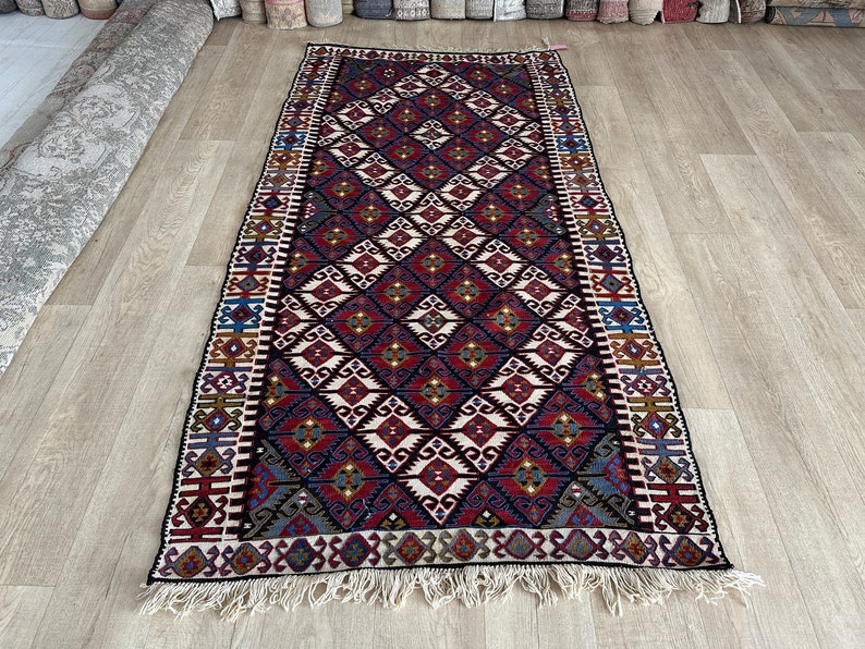 4x7 White Red Blue Turkish Rug,4x7 Natural Vintage Rug,Oushak Living Room Bedroom Kitchen Kids Entryway Wool Area Rug,Home Decor,3.7x7.0 Ft zdjęcie 2