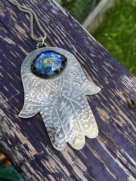 Lightning Bolt Grateful Dead Hamsa Sterling Silver Pendant - Grateful Dead Bolt Pendant