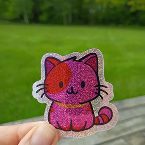 Sticker chaton fierté saphique lesbienne scintillant, chat LGBTQ+ homosexuel drapeau subtil vinyle imperméable bouteille d'eau ordinateur portable paillettes brillantes