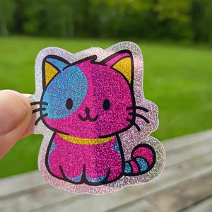 Sticker pansexuel Pan Pride Kitty SPARKLY, Queer LGBTQ+ chat drapeau subtil vinyle imperméable bouteille d'eau ordinateur portable paillettes brillantes