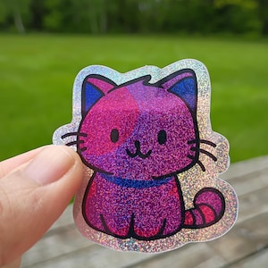 Sticker bisexuel Bi Pride Kitty SPARKLY, queer LGBTQ+ chat drapeau subtil vinyle imperméable bouteille d'eau ordinateur portable paillettes brillantes
