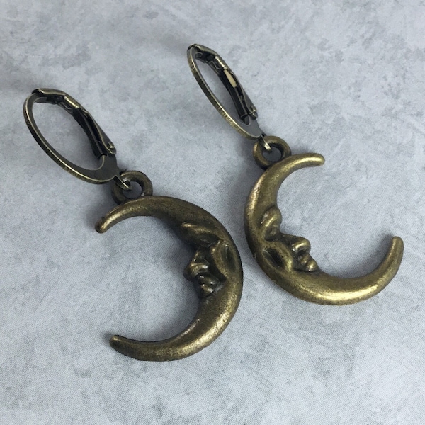 Crescent Moon Whimsigoth Earrings with Antiqued Brass