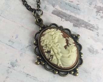 Brown and Ivory Cameo Dark Academia Necklace with Antiqued Brass