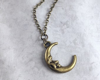 Crescent Moon Whimsigoth Necklace with Antiqued Brass