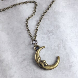 Crescent Moon Whimsigoth Necklace with Antiqued Brass