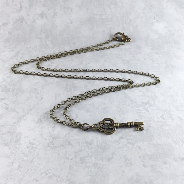 Tiny Skeleton Key Dark Academia Necklace with Antiqued Brass