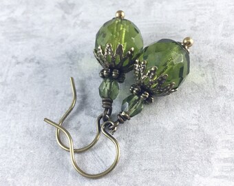 Asymmetric Brass Earrings Cool Earrings Olive Green Earrings Long Dangle Earrings