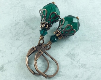 Emerald Green Dark Academia Earrings with Antiqued Copper