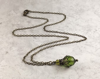 Olive Green Dark Academia Necklace with Antiqued Brass