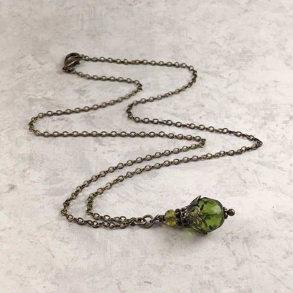 Olive Green Dark Academia Necklace with Antiqued Brass