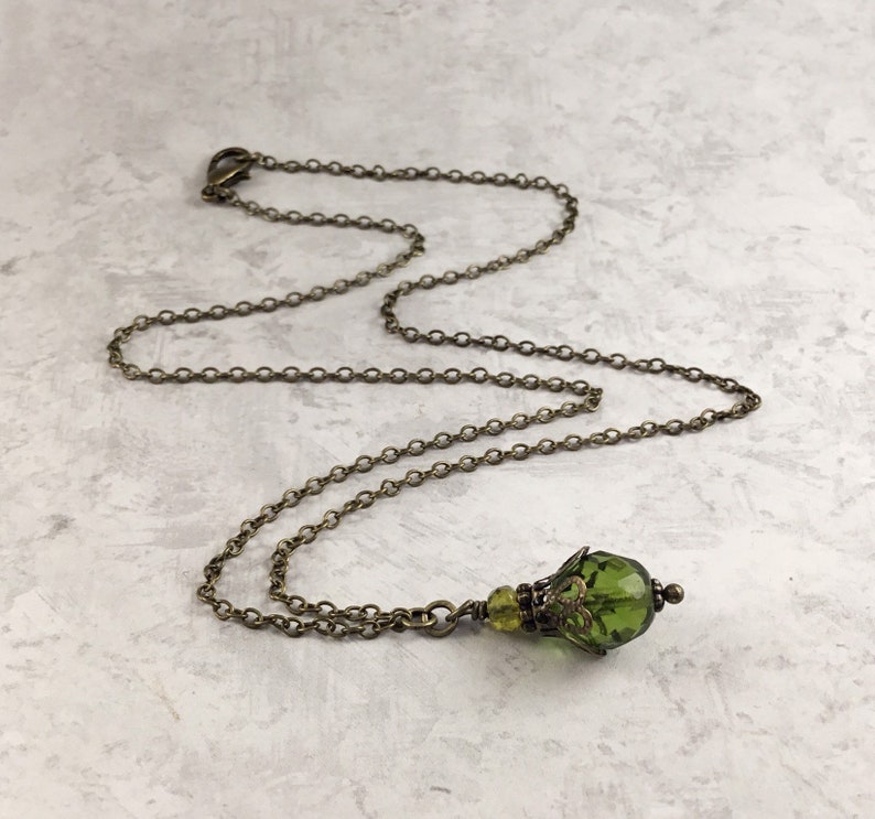 Olive Green Dark Academia Necklace with Antiqued Brass image 1