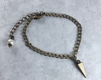 Tiny Spike and Ivory Pearl Dark Academia Bracelet with Antiqued Brass