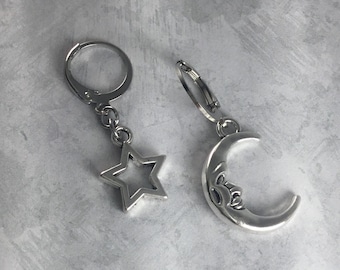 Mismatched Crescent Moon and Star Whimsigoth Earrings with Antiqued Silver