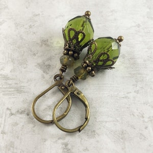 Olive Green Dark Academia Earrings with Antiqued Brass