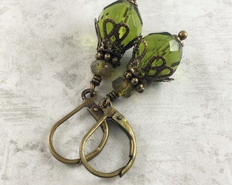 Olive Green Dark Academia Earrings with Antiqued Brass