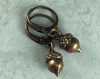 Tiny Acorn Cottagecore Earrings with Antiqued Copper