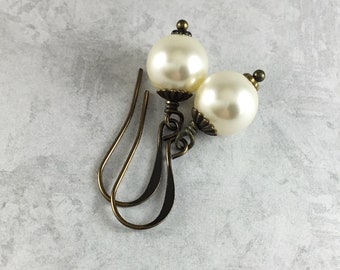 Ivory Pearl Cottagecore Earrings with Antiqued Brass