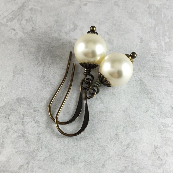 Ivory Pearl Cottagecore Earrings with Antiqued Brass