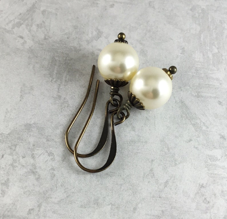 Ivory Pearl Cottagecore Earrings with Antiqued Brass image 1