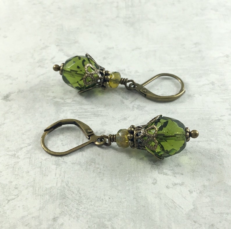 Olive Green Dark Academia Earrings with Antiqued Brass image 4