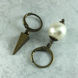 Mismatched Spike and Ivory Pearl Dark Academia Earrings with Antiqued Brass