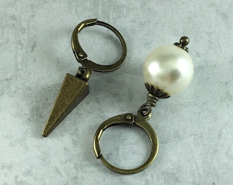 Mismatched Spike and Ivory Pearl Dark Academia Earrings with Antiqued Brass