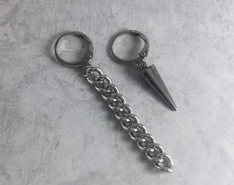 Mismatched Spike and Chain Grunge Earrings with Antiqued Silver