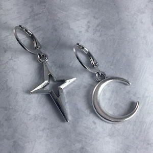 Mismatched Crescent Moon and North Star Whimsigoth Earrings with Antiqued Silver