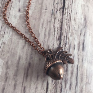 May include: A copper necklace with an acorn charm and a small leaf. The acorn is detailed with a textured surface and the leaf is delicate and intricate.