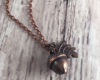 Tiny Acorn and Oak Leaf Cottagecore Charm Necklace with Antiqued Copper
