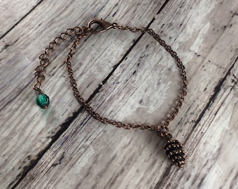 Tiny Pinecone Cottagecore Bracelet with Antiqued Copper