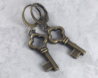 Tiny Skeleton Key Dark Academia Earrings with Antiqued Brass