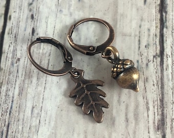 Tiny Mismatched Acorn and Oak Leaf Cottagecore Earrings with Antiqued Copper