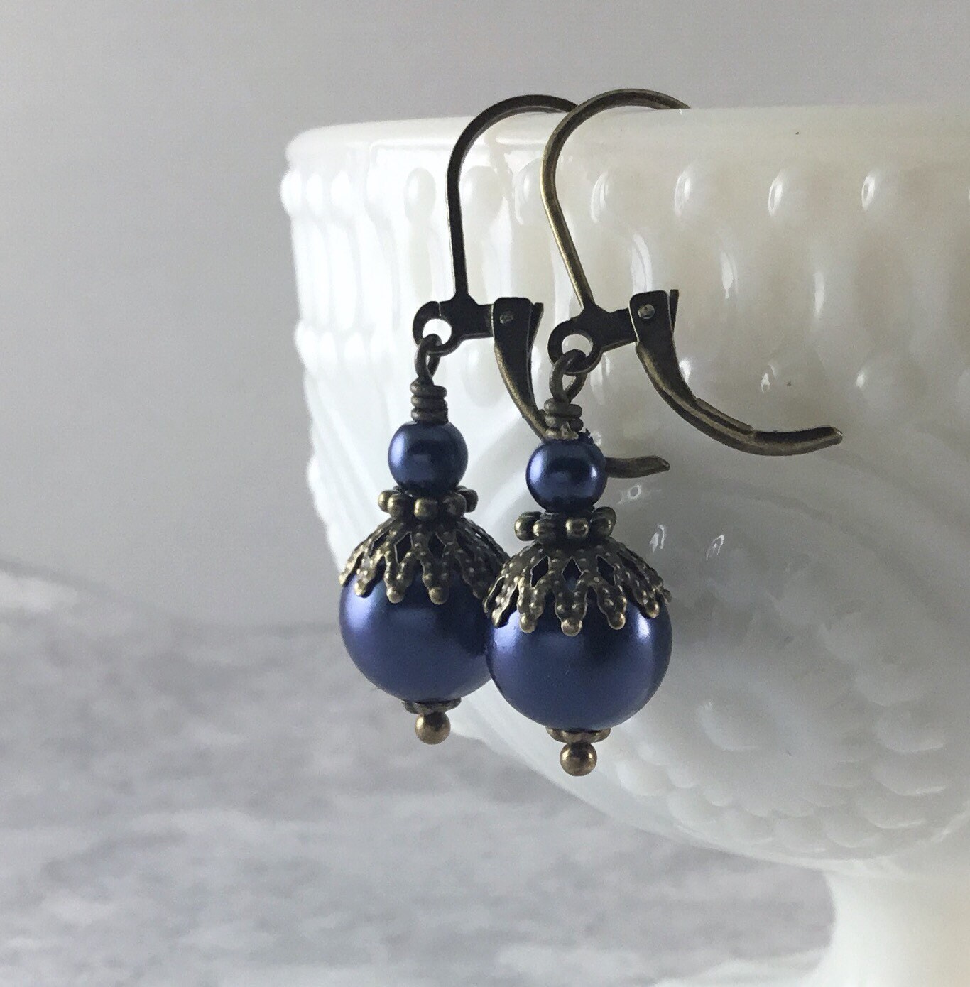Victorian Navy Blue Pearl Earrings with Antiqued Brass. | Etsy