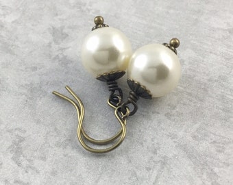 Ivory Pearl Edwardian Regency Costume Earrings with Antiqued Brass