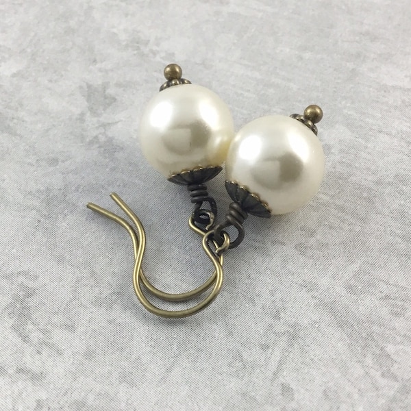 Ivory Pearl Edwardian Regency Costume Earrings with Antiqued Brass