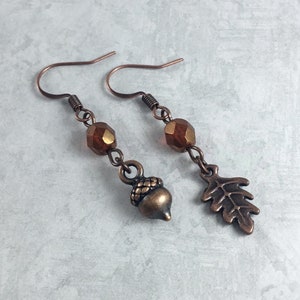 Tiny Mismatched Acorn and Oak Leaf Cottagecore Earrings with Antiqued Copper
