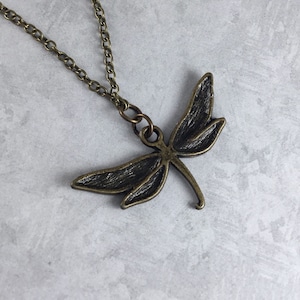 Peut inclure: Un collier avec un pendentif en forme de libellule en bronze sur une cha&icirc;ne d&eacute;licate.