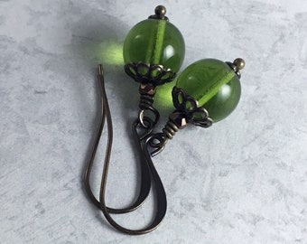 Olive Green Whimsigoth Earrings with Antiqued Brass