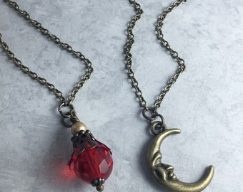 Ruby Red and Crescent Moon Whimsigoth Necklace Set with Antiqued Brass