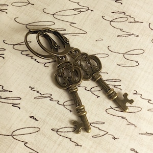 Skeleton Key Dark Academia Earrings with Antiqued Brass