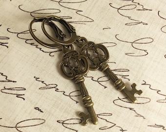 Skeleton Key Dark Academia Earrings with Antiqued Brass