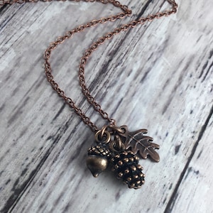 Tiny Pinecone Acorn and Oak Leaf Cottagecore Charm Necklace with Antiqued Copper