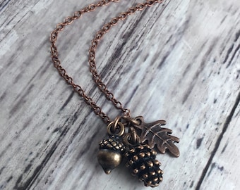 Tiny Pinecone Acorn and Oak Leaf Cottagecore Charm Necklace with Antiqued Copper